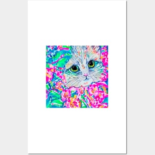 Watercolor portrait of a white kitten, Lilly Pulitzer inspired Posters and Art